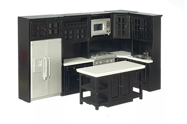 Dollhouse Miniature Black Kitchen Set with Marble Top