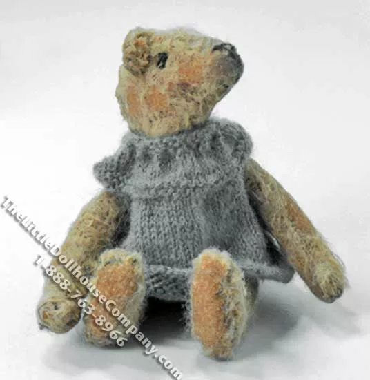 Miniature Victorian Teddy Bear in a Gray Dress for Dollhouses