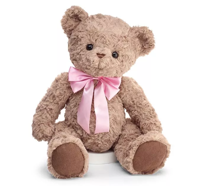 PLUSH 15" BROWN BEAR WITH PINK BOW